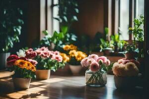 flores en floreros en un mesa en frente de un ventana. generado por ai foto