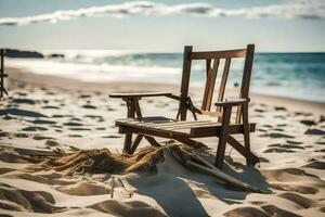 a wooden chair sits on the beach near the ocean. AI-Generated photo