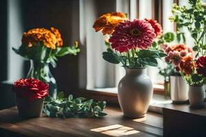 flores en floreros en un mesa. generado por ai foto