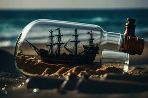 a ship in a bottle on the beach. AI-Generated photo