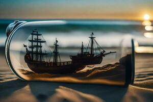 a ship in a bottle on the beach. AI-Generated photo