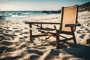 un de madera silla se sienta en el playa cerca el océano. generado por ai foto