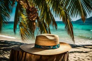 a hat sits on a stump near the ocean. AI-Generated photo