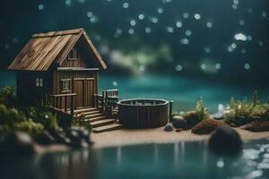 a miniature house on the shore of a lake. AI-Generated photo