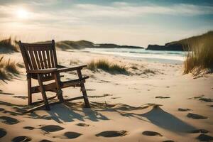 un de madera silla se sienta en el playa a puesta de sol. generado por ai foto