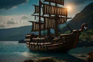 a pirate ship is sailing on the ocean. AI-Generated photo