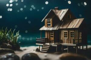 a miniature house on the beach at night. AI-Generated photo