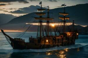 a pirate ship in the ocean at sunset. AI-Generated photo