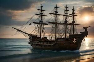 a pirate ship in the ocean at sunset. AI-Generated photo