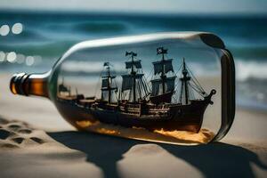 ship in a bottle on the beach. AI-Generated photo