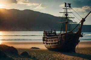 a pirate ship on the beach at sunset. AI-Generated photo