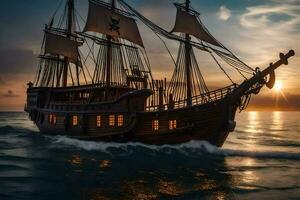 a pirate ship in the ocean at sunset. AI-Generated photo