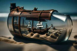 a ship in a bottle on the beach. AI-Generated photo