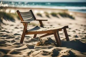 a wooden chair sits on the sand near the ocean. AI-Generated photo