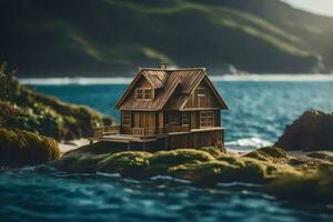 a miniature house on a rock by the ocean. AI-Generated photo