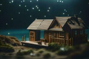 un miniatura casa en el playa a noche. generado por ai foto