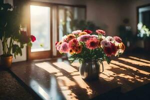 a vase of flowers sitting on a table in front of a window. AI-Generated photo