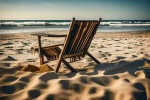 a wooden chair sits on the beach with sand. AI-Generated photo