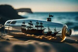 ship in a bottle on the beach. AI-Generated photo