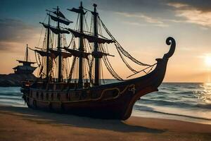 a pirate ship on the beach at sunset. AI-Generated photo