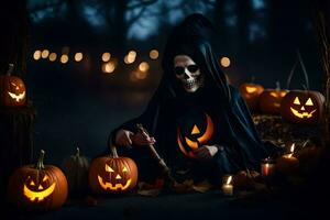 a grim looking person sits in front of pumpkins. AI-Generated photo