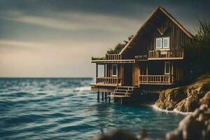 a small wooden house on the edge of the ocean. AI-Generated photo