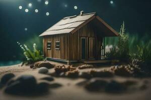 a miniature house in the sand with lights. AI-Generated photo