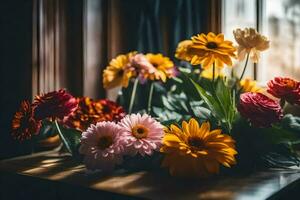 flores en un florero en un mesa. generado por ai foto