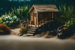 un miniatura de madera casa en un arenoso playa. generado por ai foto