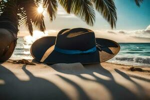un sombrero en el playa con palma arboles generado por ai foto