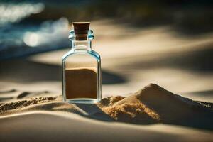 a bottle of sand on the beach. AI-Generated photo