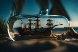 a ship in a bottle on the beach. AI-Generated photo