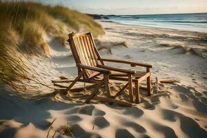 a wooden chair sits on the sand near the ocean. AI-Generated photo