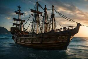 a pirate ship in the ocean at sunset. AI-Generated photo