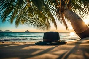 hat on the beach at sunset. AI-Generated photo