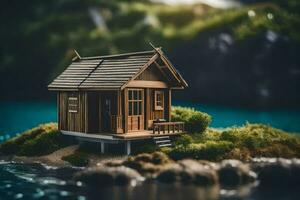 un miniatura casa en un pequeño isla. generado por ai foto