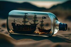 a ship in a bottle on the sand. AI-Generated photo