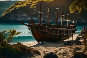 a model pirate ship on the beach. AI-Generated photo