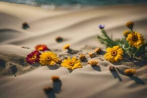 flores en el arena. generado por ai foto