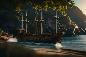 a pirate ship is sailing on the ocean near the shore. AI-Generated photo