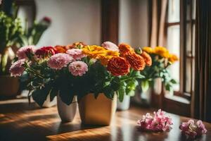 flowers in vases on a table. AI-Generated photo