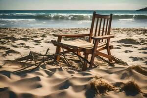 a wooden chair sits on the sand near the ocean. AI-Generated photo