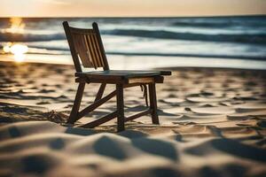 un silla se sienta en el arena a puesta de sol. generado por ai foto