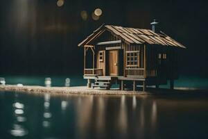 a small wooden house sits on the shore of a lake. AI-Generated photo