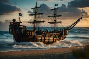 pirata Embarcacion en el playa a puesta de sol. generado por ai foto