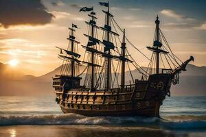 a pirate ship is sailing on the ocean at sunset. AI-Generated photo