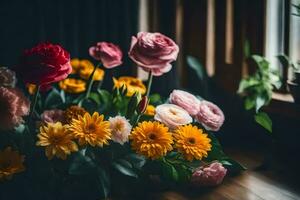 flores en un florero en un mesa. generado por ai foto