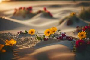 flores en el arena a puesta de sol. generado por ai foto