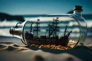 a ship in a bottle on the beach. AI-Generated photo