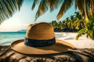 a hat sits on a tree stump near the ocean. AI-Generated photo